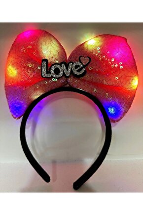 Led Işıklı 3 Farklı Fonksiyonda Yanan Gümüş Love Yazılı Fuşya Pembe Fiyonk Taç 20x17 Cm