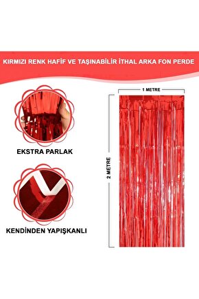 Kırmızı Renk Ekstra Metalize Parlak Saçaklı Arka Fon Perde İthal A Kalite 1x2 Metre