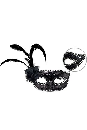 Siyah Renk Yandan Tüylü Güllü Gümüş Taşlı Pullu Maske 20x22 Cm