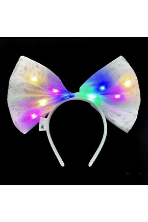 Rengarenk Led Işıklı Fiyonk Şekilli Tül Parti Tacı Beyaz Renk 25x25 Cm