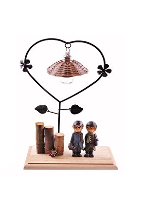Pilli Işıklı Romantik Çift Tema Büyük Boy Dekoratif Ahşap Biblo (4767)