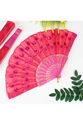 Plastik Pullu Kumaş Yelpaze 12li Fuşya