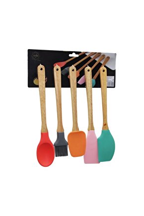 5 Parça Ahşap Saplı Büyük Renkli Silikon Mutfak Set Fırça - Kaşık - Servis K. - Spatula - Karıştırıc