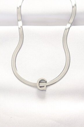 316L Çelik C Harfli Silver Renk İtalyan Zincirli Kolye