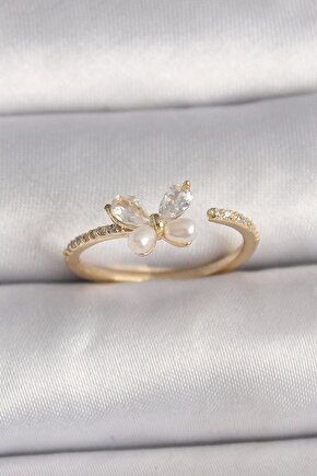 Pirinç Gold Renk Zirkon Taşlı Kelebek Mode Inci Detay Ayarlanabilir Yüzük