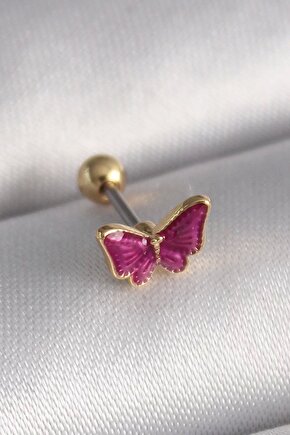 316L Çelik Gümüş Renk Pembe Kelebek Model Tragus Piercing