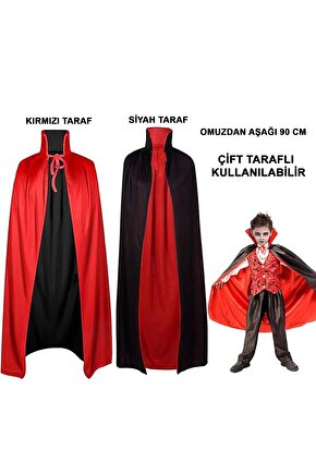 Çift Taraflı Kullanılabilir Siyah Kırmızı Yakalı Pelerin 90 cm Çocuk (4767)