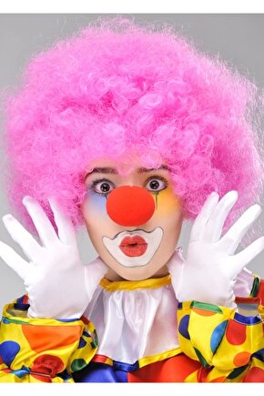 Pembe Renk Kıvırcık Afro Bonus Peruk Takma Saç Ve Kırmızı Burun Seti (4767)