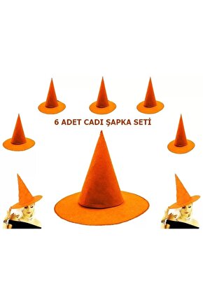 Turuncu Renk Keçe Cadı Şapkası Yetişkin Çocuk Uyumlu 6 Adet