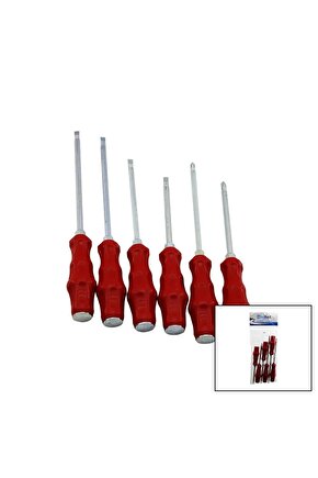 Pvc Ambalaj Kırmızı - Plastik Saplı Darbeli 6lı Set Çift Taraflı Tornavida Takımı (4767)