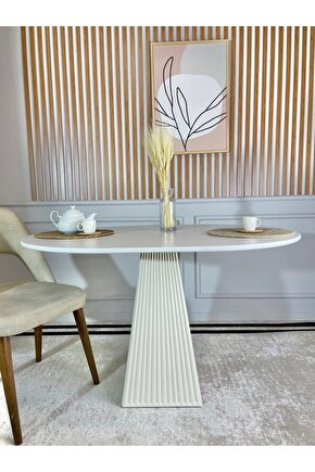 120x90 Cm Oval Beyaz Fitilli Ahşap Yemek Masası - Fungi Bohem Serisi - Balkon Ve Kafe Masası
