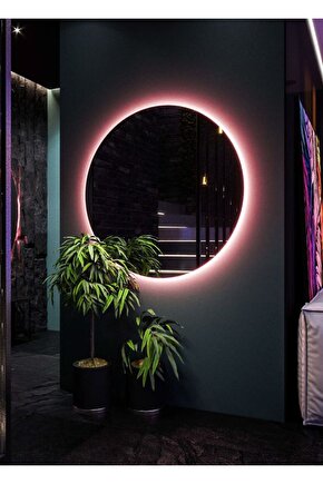 80 Cm Kırmızı Ledli Yuvarlak Banyo Aynası Makyaj Aynası Trafolu