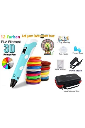 3d Pen Üç Boyutlu Yazıcı Kalem Printer (12 Adet 3 Metre Filament -36 Metre Led Ekranlı Adatörlü