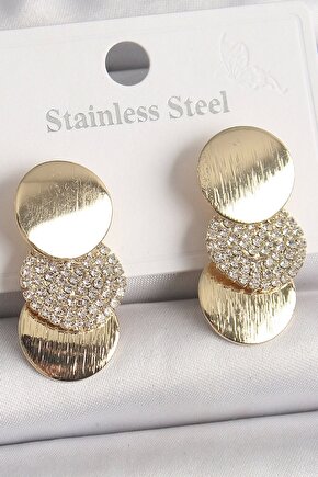Pirinç Gold Renk Zirkon Taşlı 3lü Daire Plaka Model Kadın Küpe