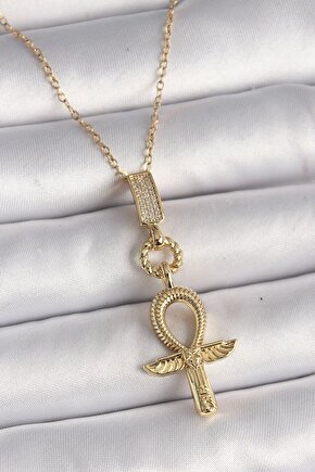 316L Çelik Gold Renk Zincir Zirkon Taşlı Ankh Model Kadın Kolye