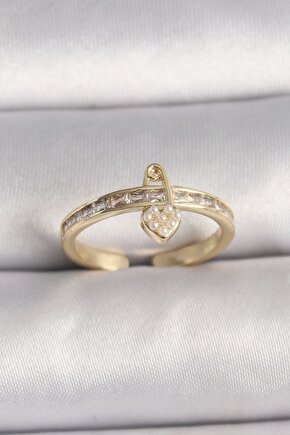 Pirinç Gold Renk Zirkon Taşlı Inci Detay Kilit Kalp Figür Ayarlanabilir Yüzük