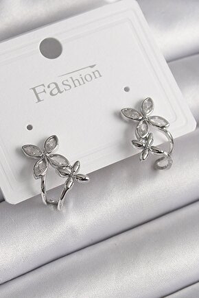 Pirinç Gümüş Renk Zirkon Taşlı 2Li Çiçek Model Kadın Küpe