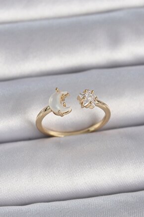 Pirinç Gold Renk Incili Hilal Zirkon Taşlı Yıldız Ayarlanabilir Model Kadın Yüzük