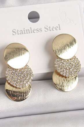 Muı Muı Pirinç Gold Renk Zirkon Taşlı 3lü Daire Plaka Model Kadın Küpe