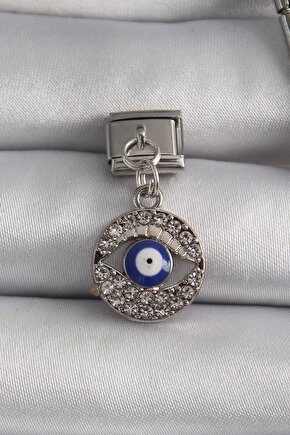 316l Çelik Gümüş Renk Sallantı Zirkon Taşlı Göz Model Nazar Boncuk Detay Nomination Charm