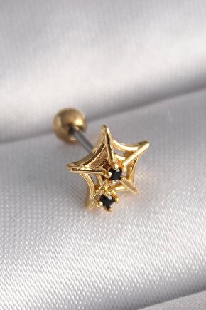 316l Çelik Gold Renk Siyah Zirkon Taş Detay Örümcek Ağ Model Tragus Piercing