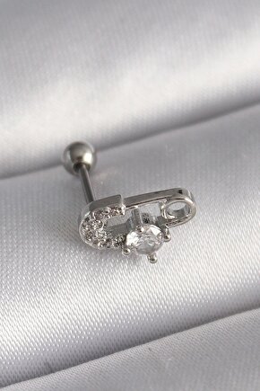 316l Çelik Gümüş Renk Zirkon Taşlı Toplu Iğne Tragus Piercing