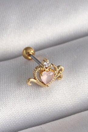 316l Çelik Gold Renk Pembe Mineli Kalp Zirkon Taş Detay Tragus Piercing
