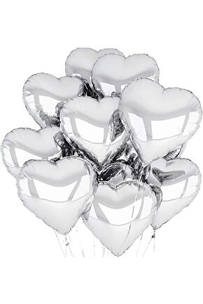 Metalize Parlak Gümüş Kalp Şekilli Uçan Balon Folyo 18 Inç 45 Cm 10 Adet