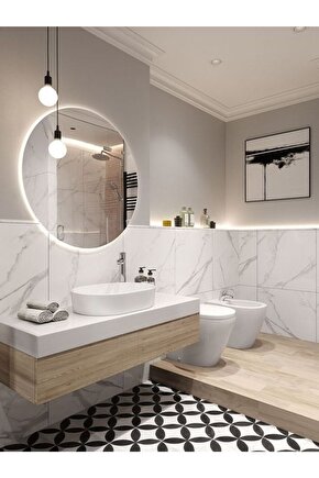 60 Cm Beyaz Ledli Yuvarlak Banyo Aynası Makyaj Aynası Trafolu