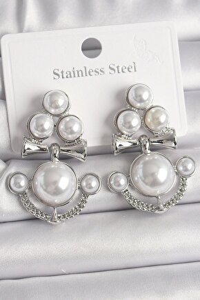 Pirinç Gümüş Renk Sallantı Incili Çapa Model Kadın Küpe