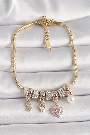 Pirinç Gold Renk Zincir Zirkon Taşlı Sallantı Kalp Model Inci Detay Charm Kadın Bileklik