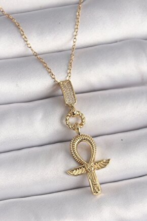 316L Çelik Gold Renk Zincir Zirkon Taşlı Ankh Model Kadın Kolye