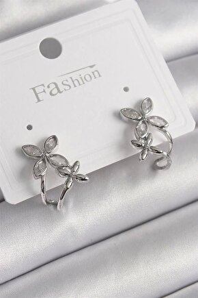 Pirinç Gümüş Renk Zirkon Taşlı 2Li Çiçek Model Kadın Küpe