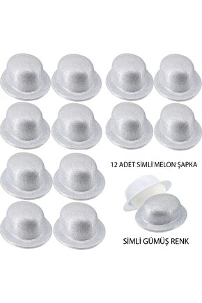 Gümüş Renk Simli Melon Yulak Parti Şapkası 12 Adet