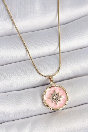 316L Çelik Gold Renk Zincir Pembe Mineli Zirkon Taşlı Kuzey Yıldız İşlemeli Madalyon Model Kadın Kol