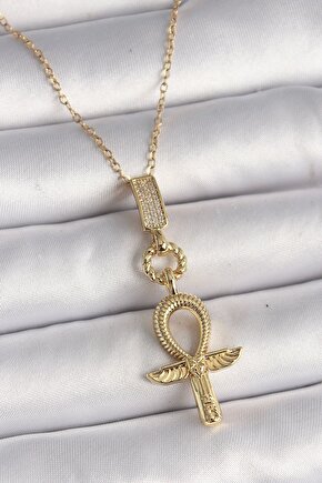 316L Çelik Gold Renk Zincir Zirkon Taşlı Ankh Model Kadın Kolye