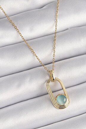 316l Çelik Gold Renk Zincir Mavi Kedi Göz Model Kadın Kolye