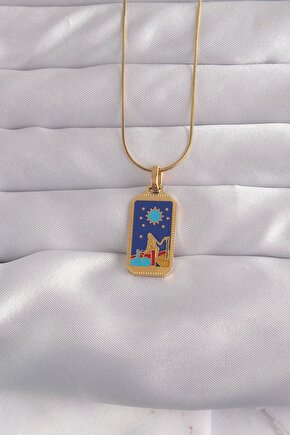 316l Çelik Gold Renk Mavi Mineli Kız Figür Tarot Kolye
