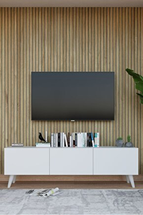 Modern Beyaz 3 Kapaklı Tv Ünitesi 140 Cm Geniş Depolama Alanı, Salon, Fonksiyonel Tv Sehpası