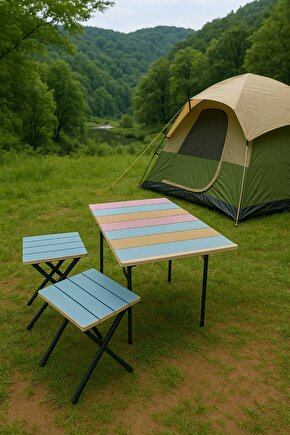 Bistro Ahşap Kamp Masası ve Taburesi 3lü Set Piknik Masası ve Taburesi