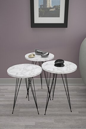 3’lü Zigon Sehpa Takımı | Siyah Metal Ayaklı Modern Yan Sehpa | Salon Dekoru Efes Beyaz Mermer