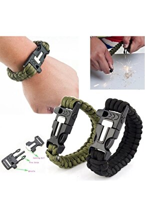 Ateş Başlatıcılı Outdoor Paracord Bileklik Asker Yeşili  Pusulalı