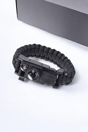 Paracord Survival Gizli Bölmeli Termometreli Olta Kanca Misinalı Siyah Renk Bileklik