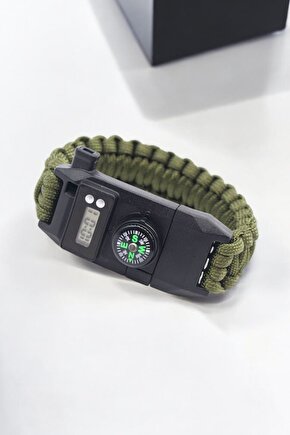 Paracord Haki Bileklik Dijital Saat Pusula Magnezyum Çubuğu