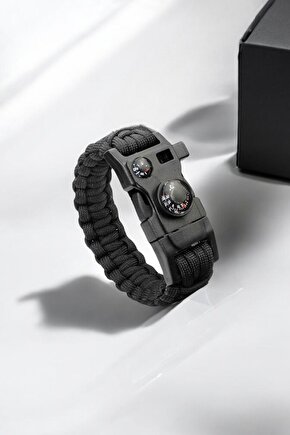 Paracord Survival 12 Özellikli Termometreli Siyah Renk Bileklik