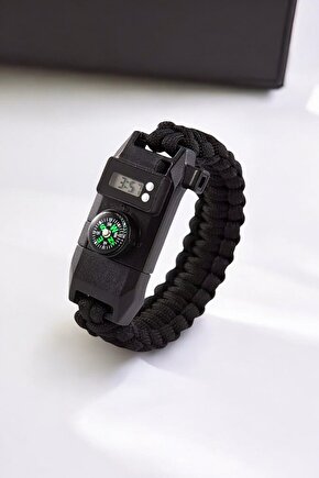 Paracord Siyah Bileklik Dijital Saat Pusula Ateş Başlatıcı Magnezyum Çubuğu