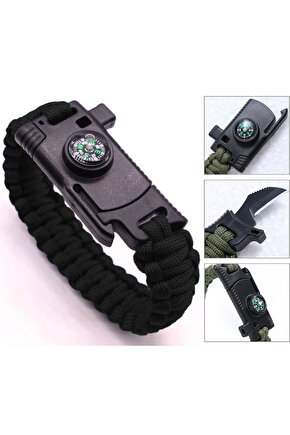 Kampçılık 9595 Pusulalı & Bıçaklı Paracord Bileklik Siyah