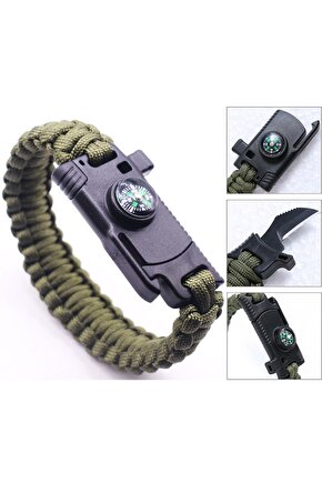 9595 Pusulalı & Bıçaklı Paracord Bileklik Haki