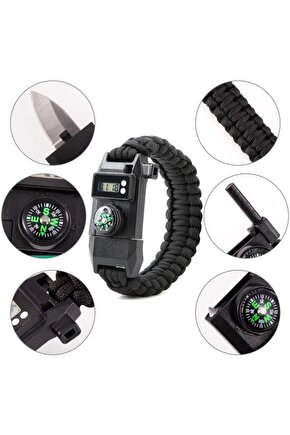 Dijital Saatli Pusula Düdük Cam Kırıcı Magnezyum Çubuklu Fonksiyonel Paracord Bileklik