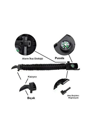 Bileklik Bıçak Pusula Ateş Başlatıcı Magnezyum Ve Ikaz Düdüğü(18 CM BİLEK ÇEVRESİNE UYGUNDUR)